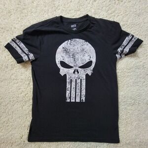 Marvel Punisher Black Distressed Skull Graphic T-Shirt Varsity Stripes Mens Med